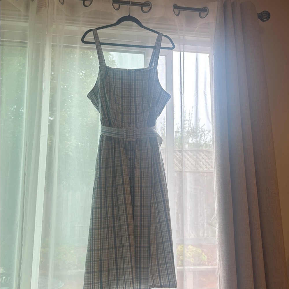 Blue Plaid Button-Front Sundress with Belt - Picture 2 of 11